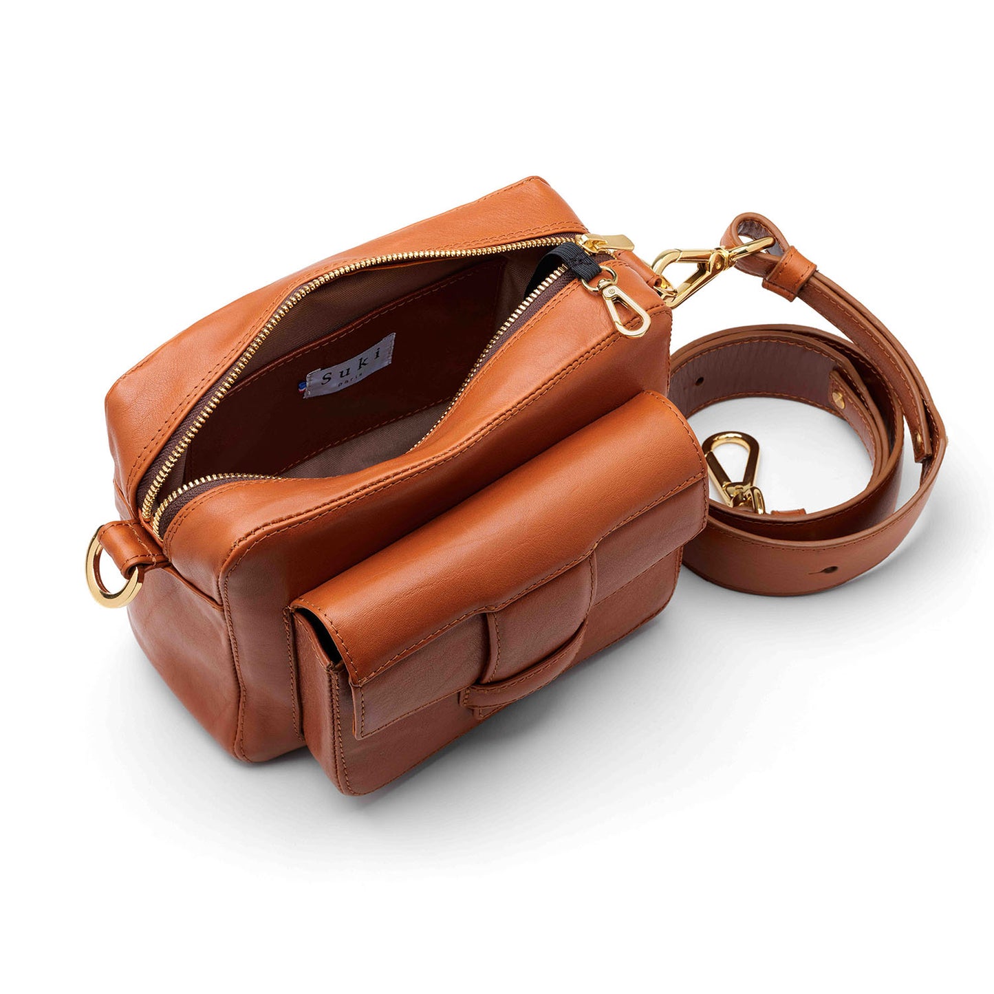 Détail cuir camel tannage végétal, camera bag Cisco Suki Paris