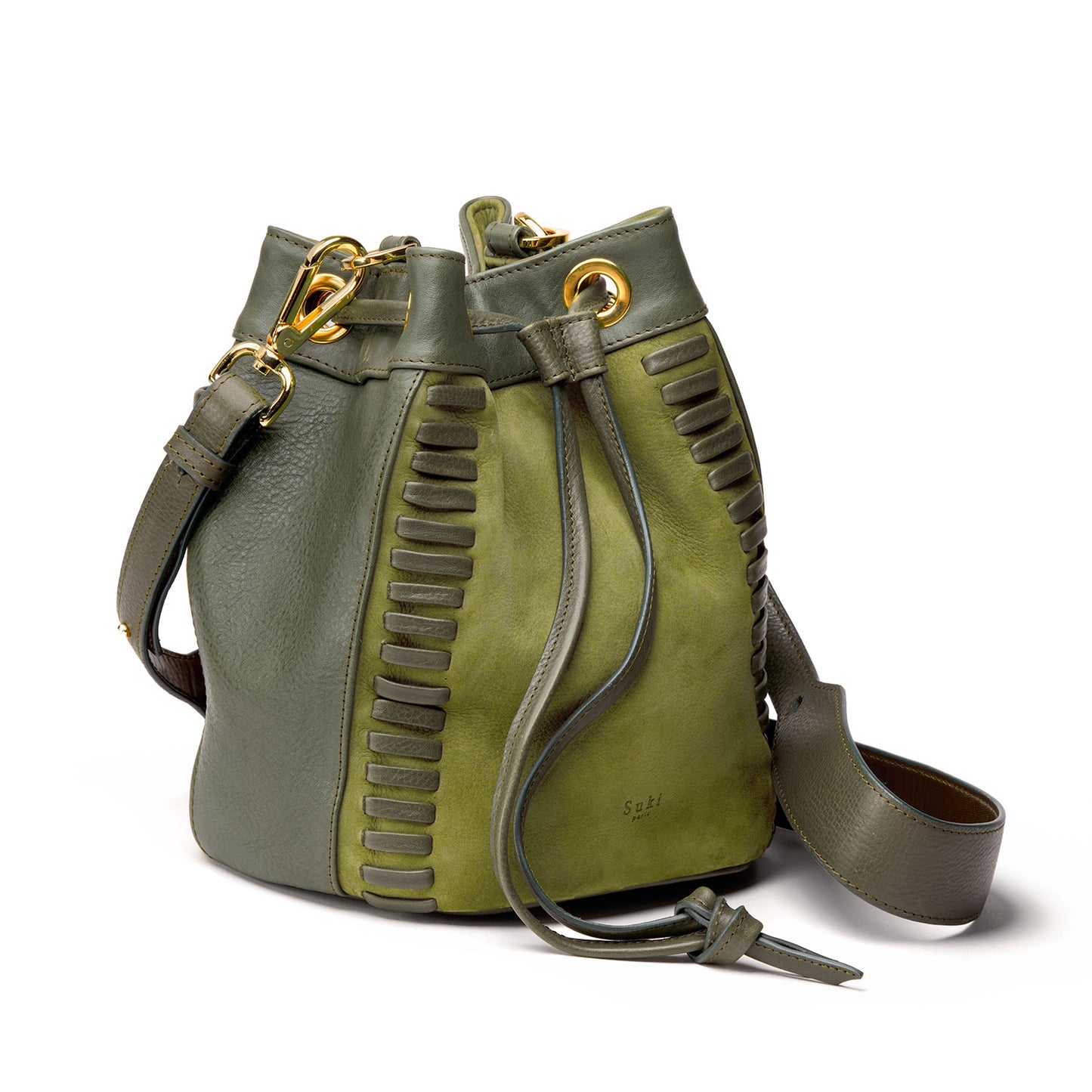 Sac seau cuir vert tressé bi-matière, tannage végétal — Altaï
