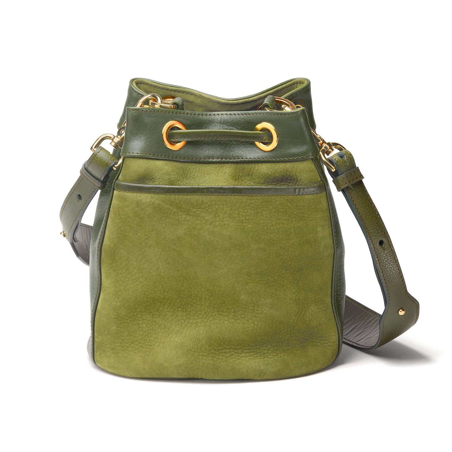 Altaï forêt, sac seau cuir vert cousu rue Labie — Suki Paris