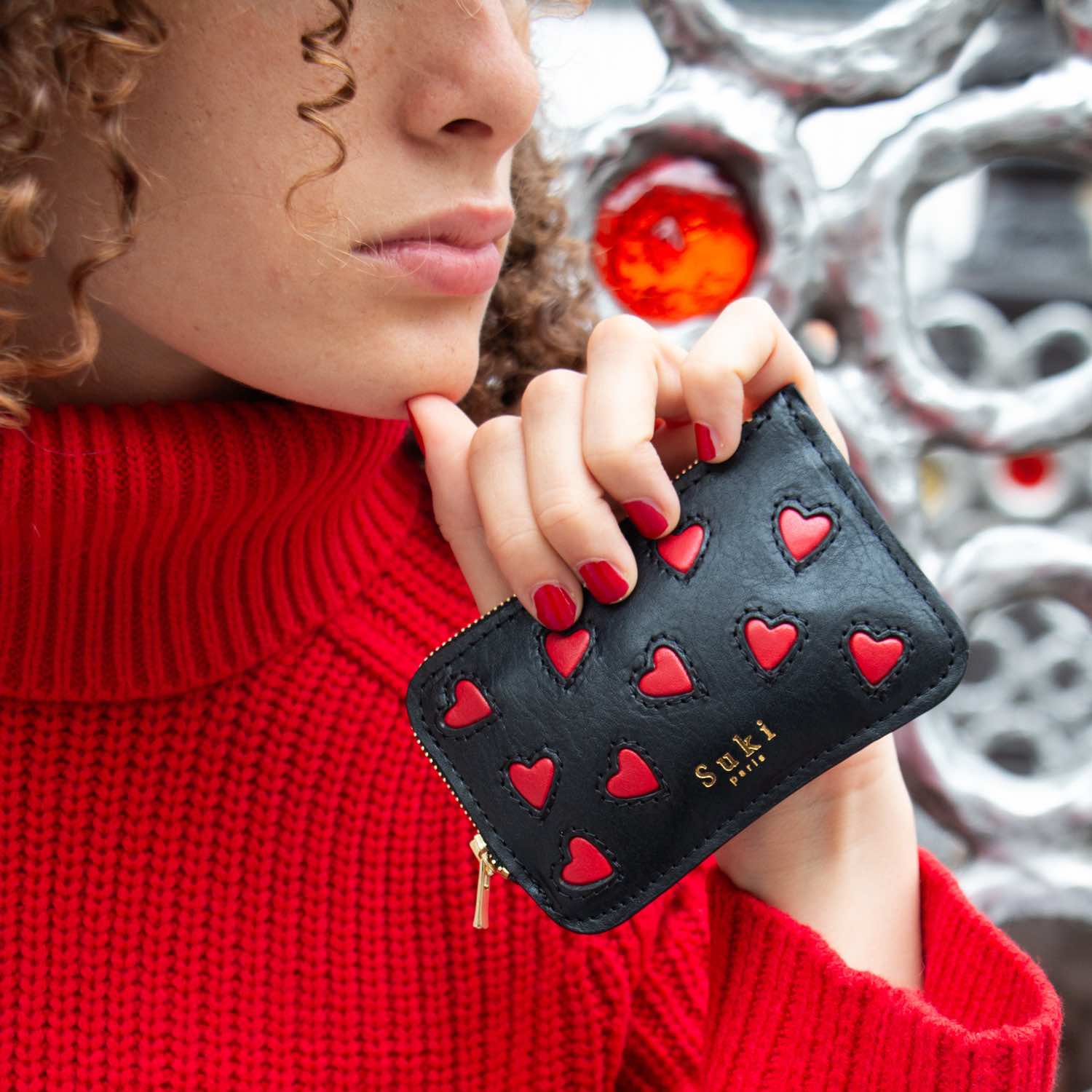Porte-monnaie cuir créateur édition limitée, bicolore noir et rouge