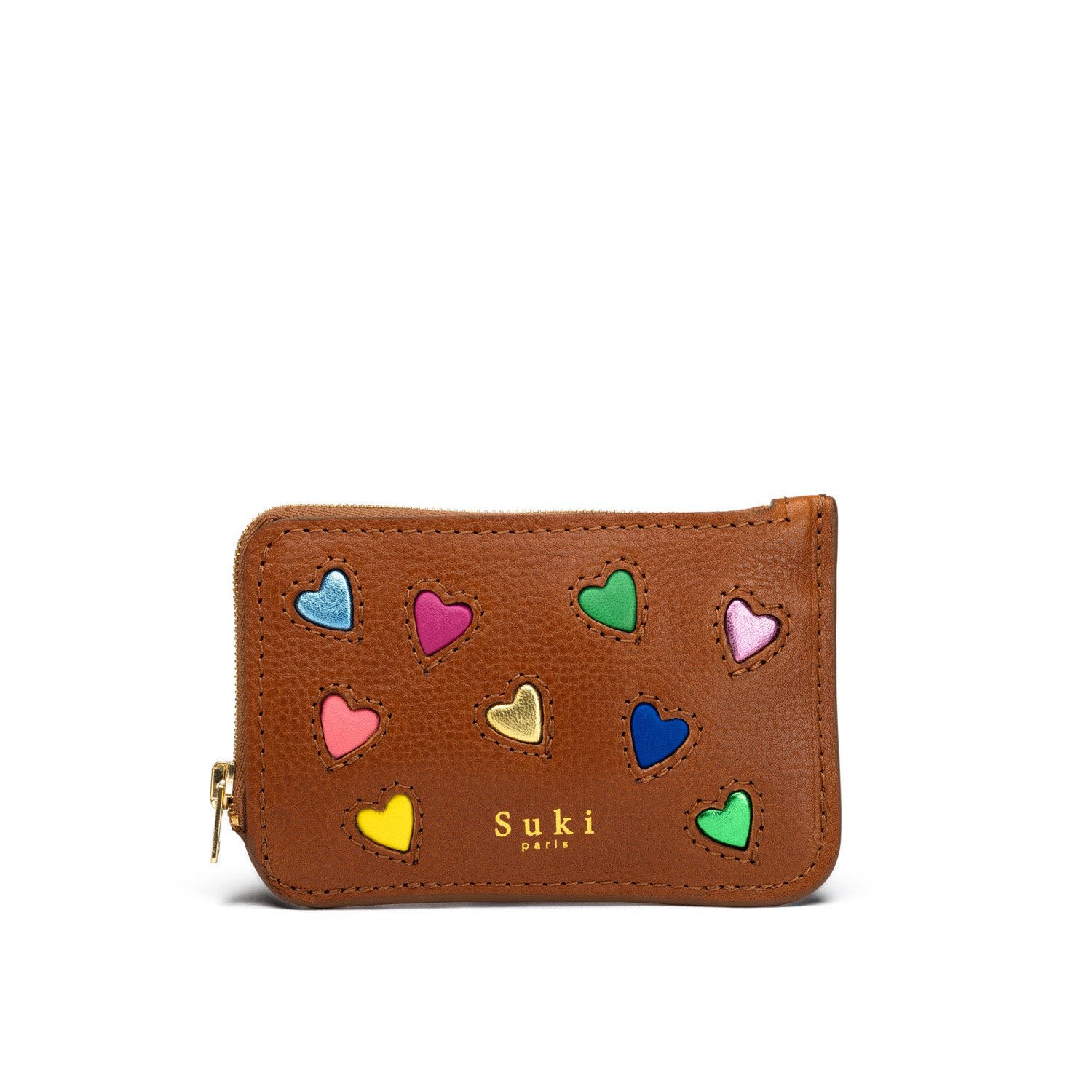Porte-monnaie compact en cuir 4 cartes, zip YKK — Achille camel