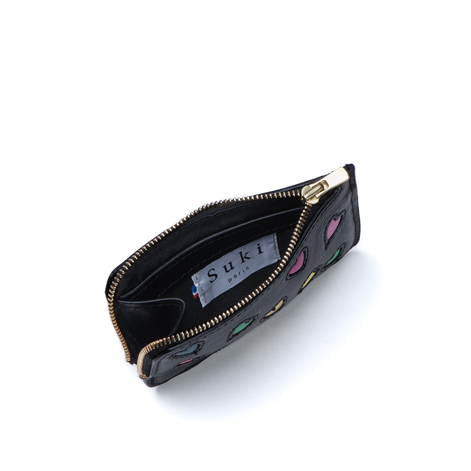 Porte-monnaie cuir compact noir, motifs cœurs — Suki Paris