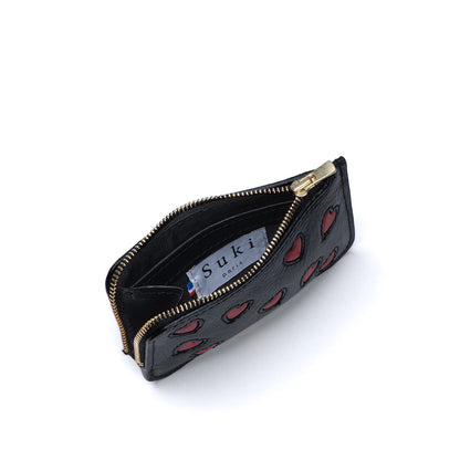 Belize porte-monnaie zip YKK Excella, cuir noir ornementé de cœurs rouges