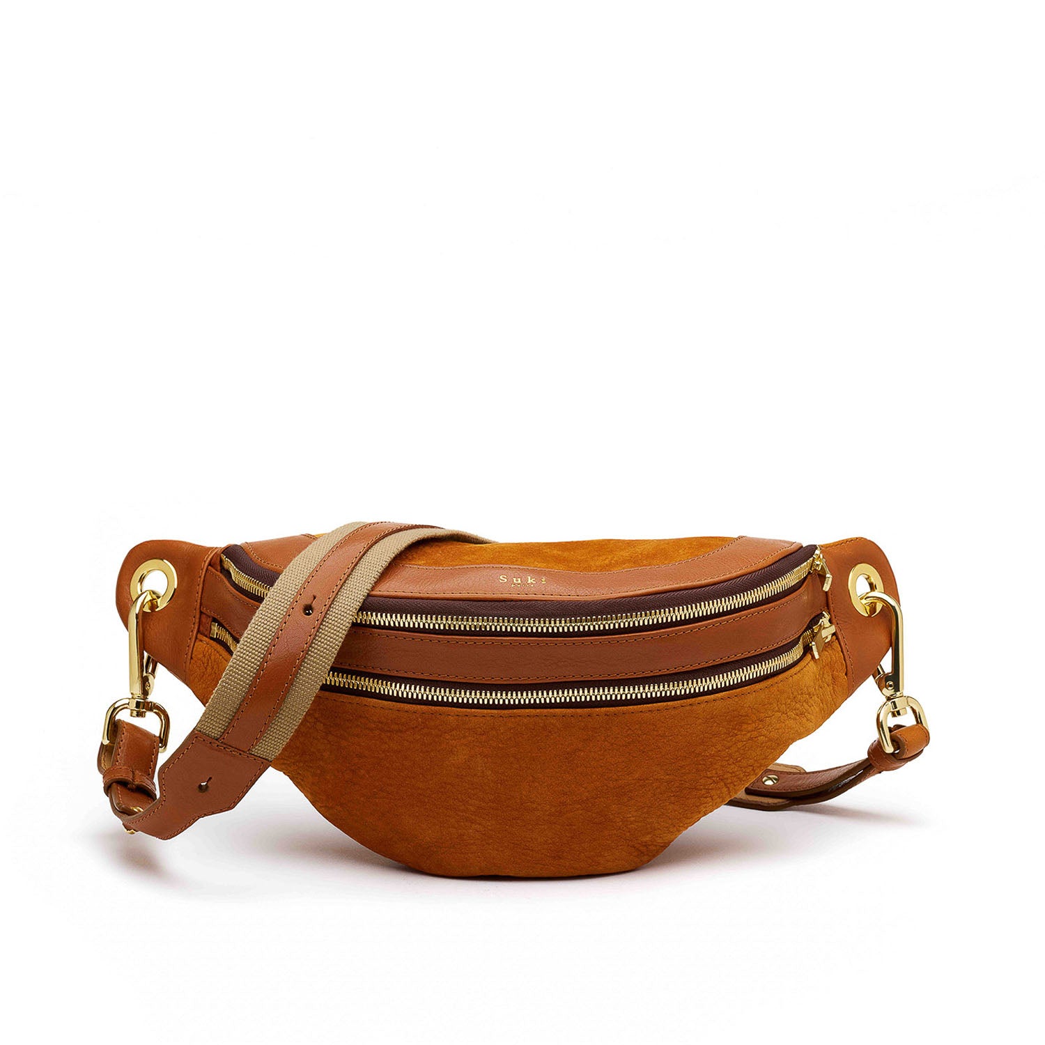 Pandora camel, sac banane cuir femme créateur porté en bandoulière