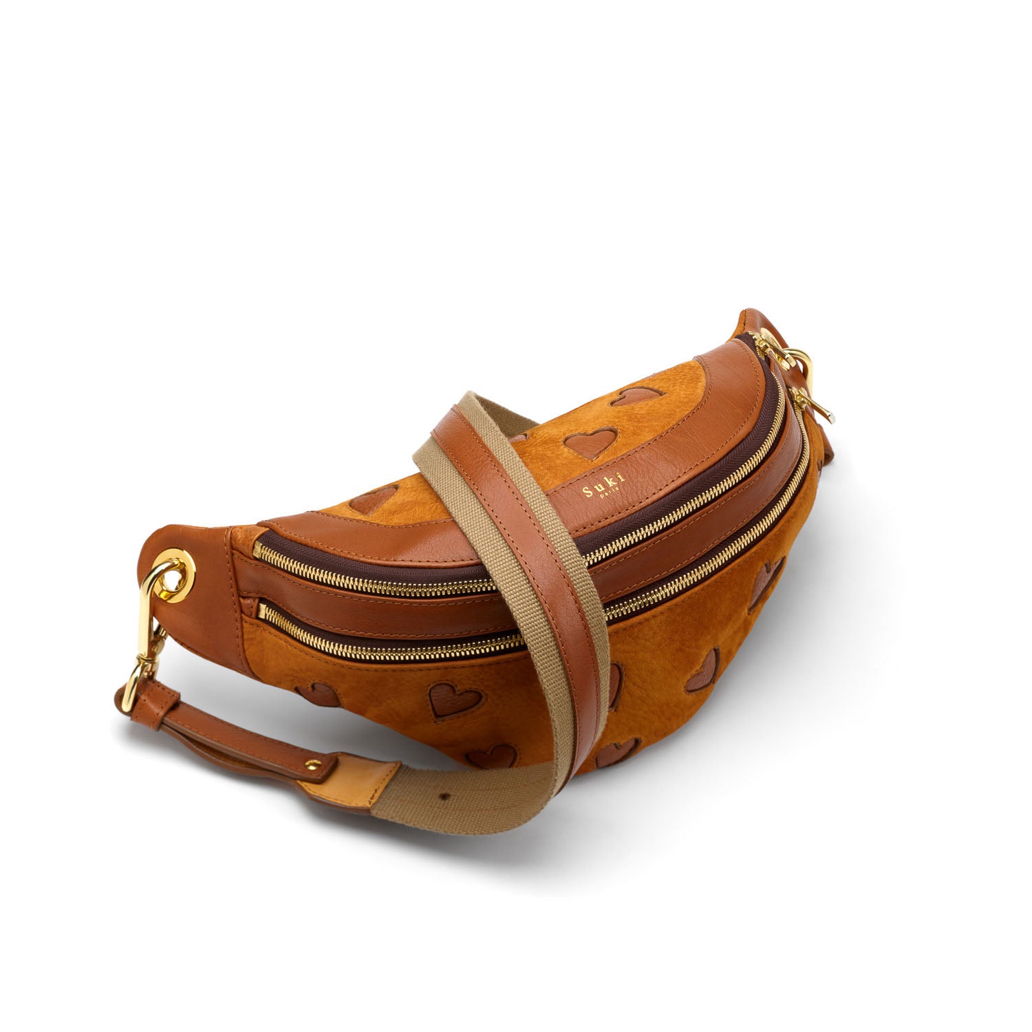 Ulysse camel, sac banane cuir camel cousu rue Labie — Suki Paris