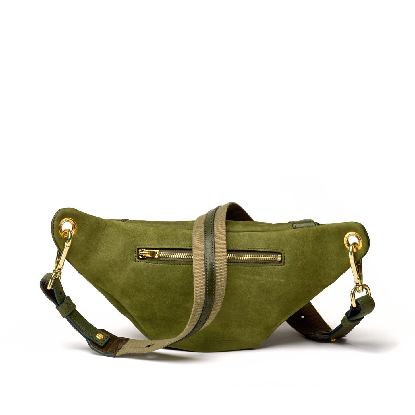 Grand sac banane cuir vert, tannage végétal cousu rue Labie