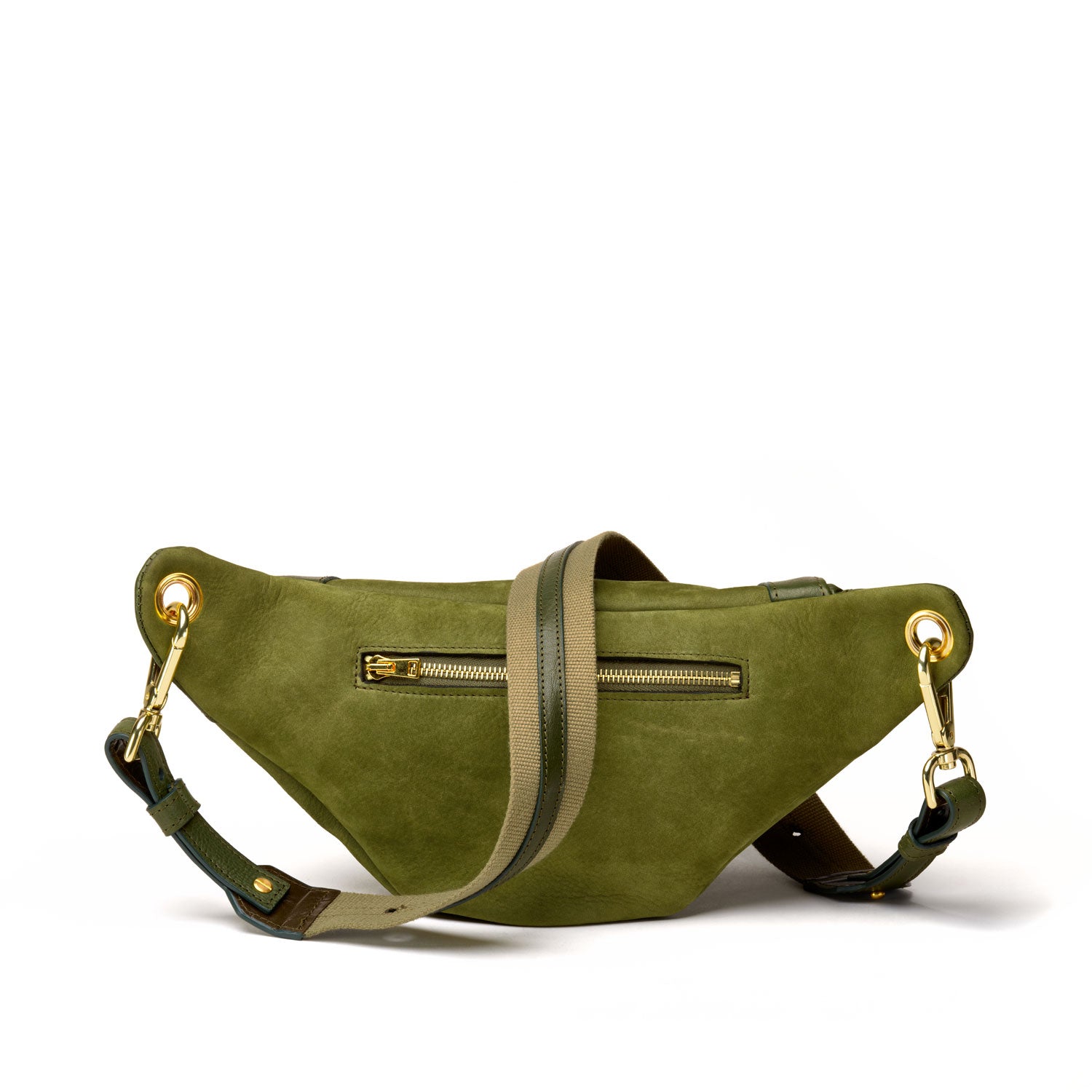 Grand sac banane cuir vert, tannage végétal cousu rue Labie