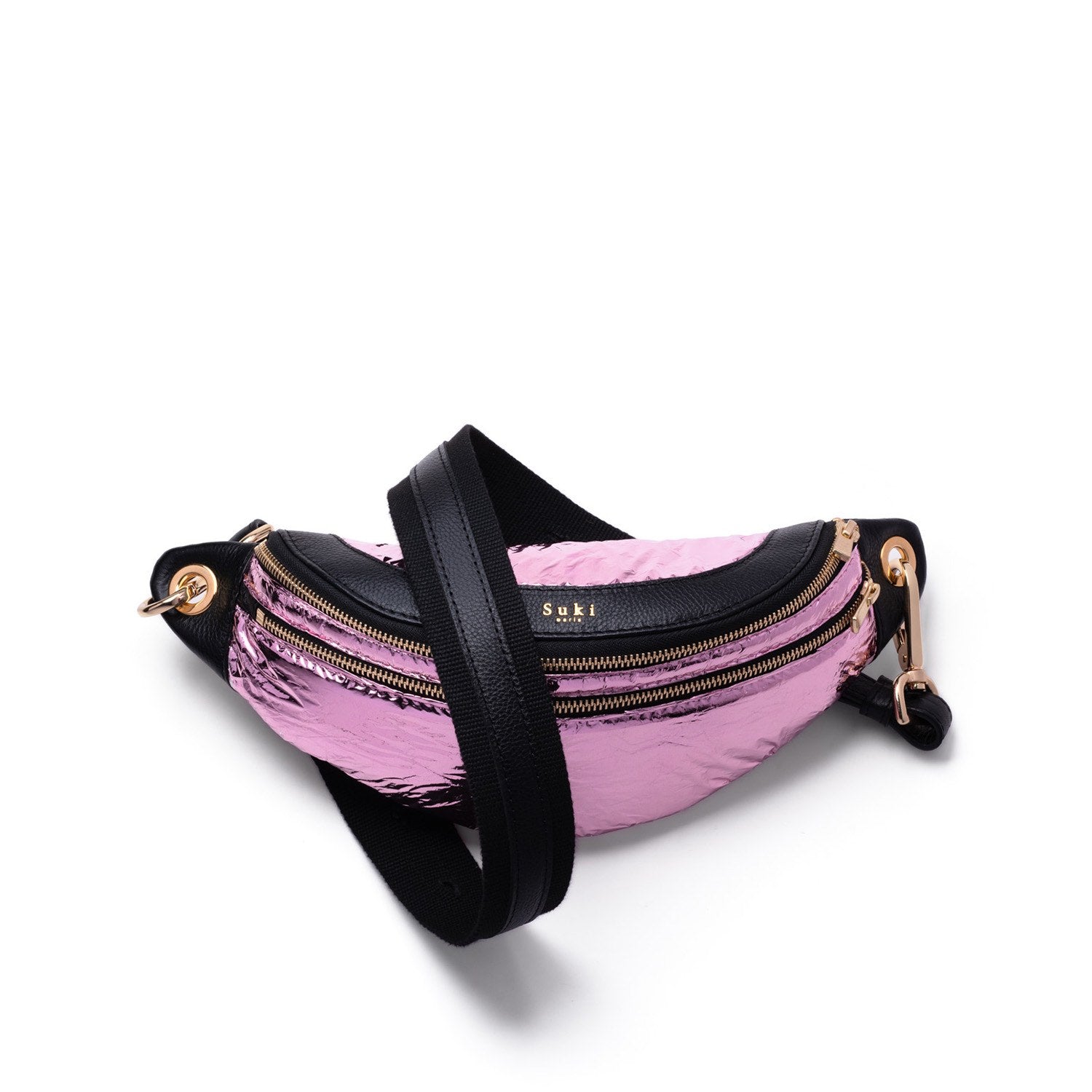 Vega pink, sac banane cuir rose porté en bandoulière — Suki Paris