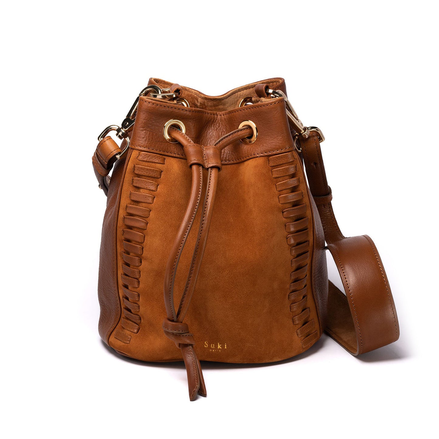Altaï camel, sac seau cuir camel tressé main à Paris