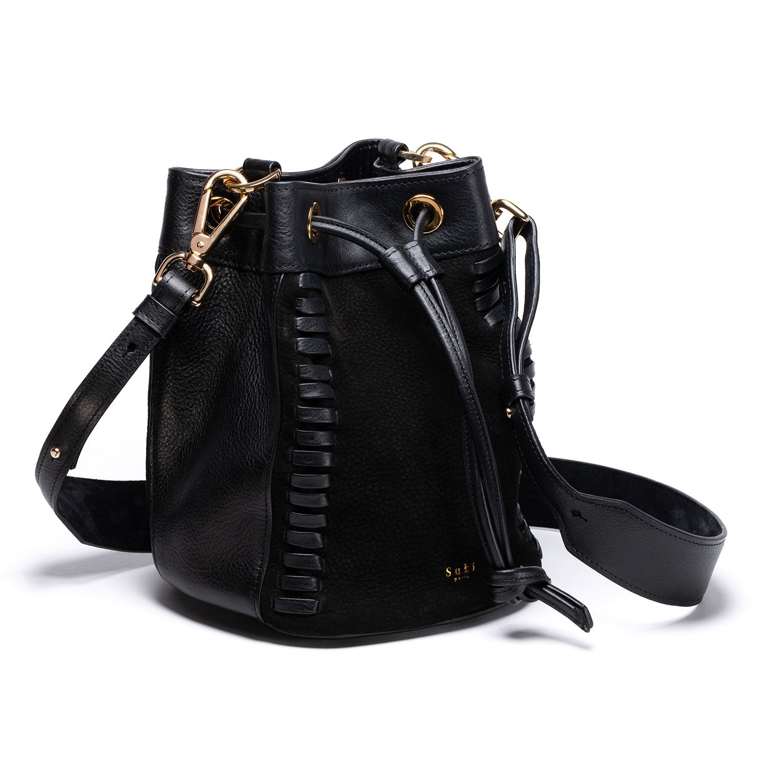 Sac seau cuir noir tressé bi-matière, tannage végétal — Altaï